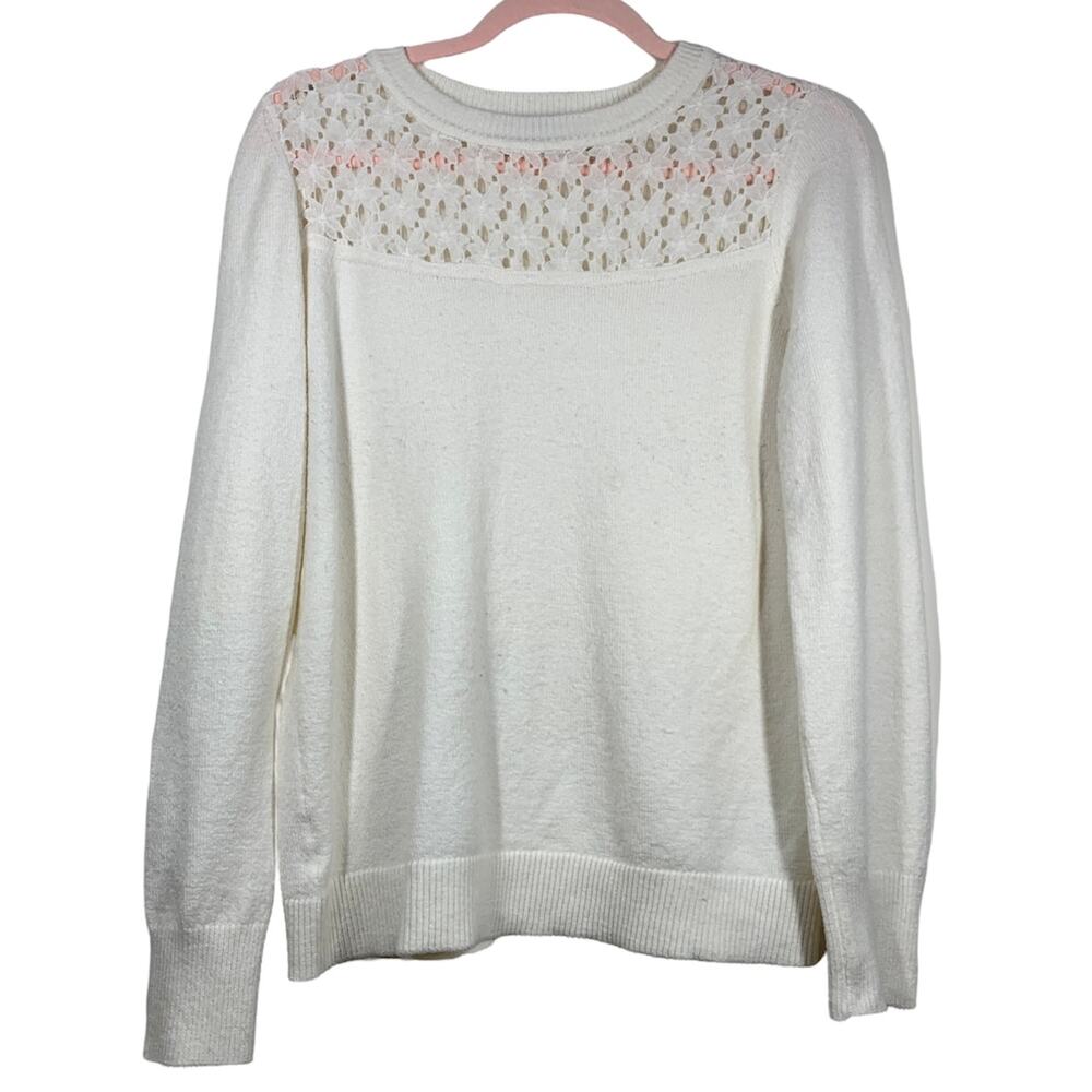 LOFT Cream Lace Long Sleeve Crew Neck Sweater Medium